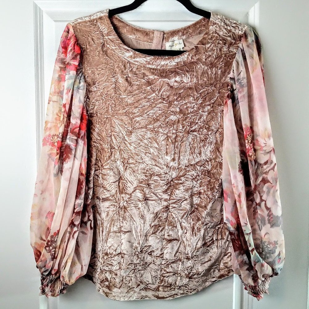 Meadow Rue Crushed Velvet Sheer Floral Sleeve Top